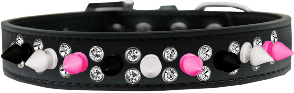 Double Crystal with Black, White and Bright Pink Spikes Dog Collar Black Size 18